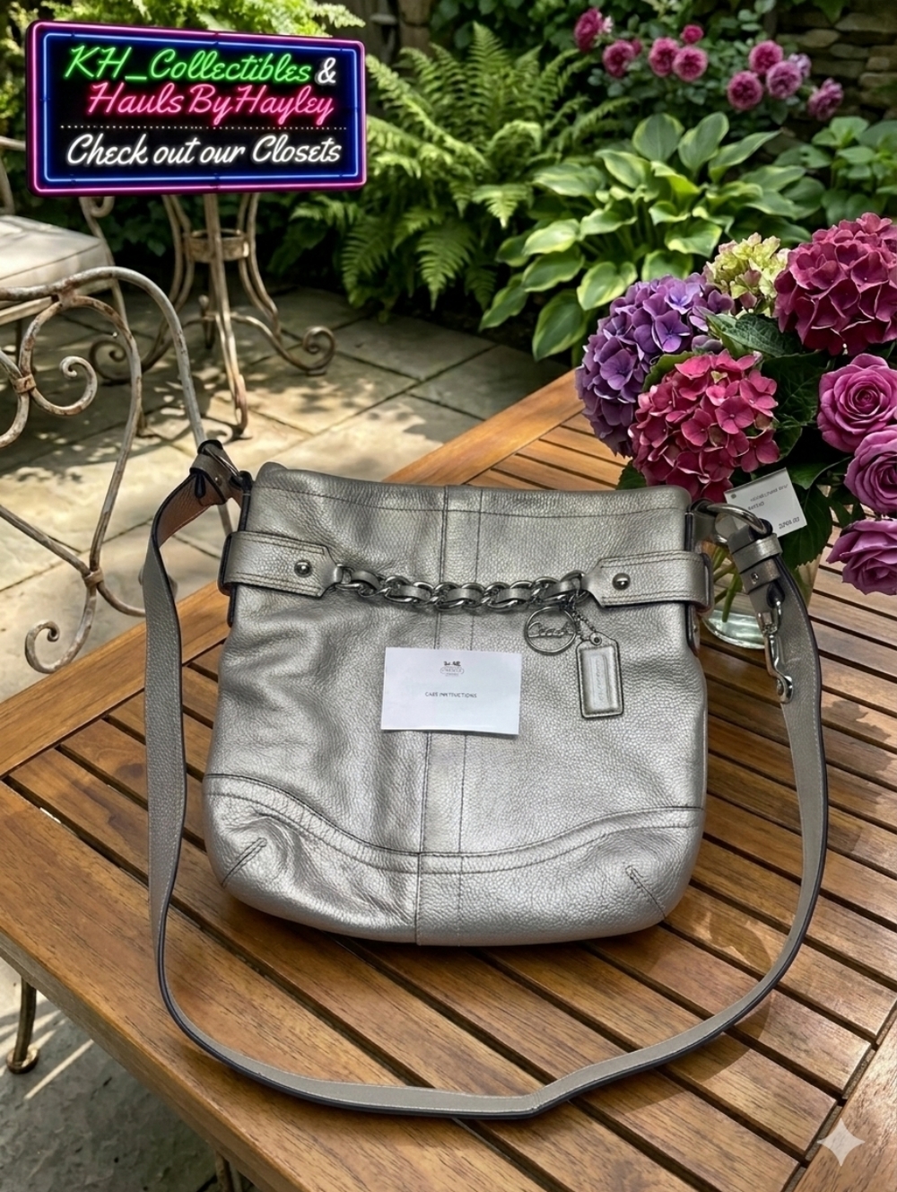 2012 Coach Metallic Silver Leather Chain Duffle Crossbody F19722 NWT Y2K Mcbling